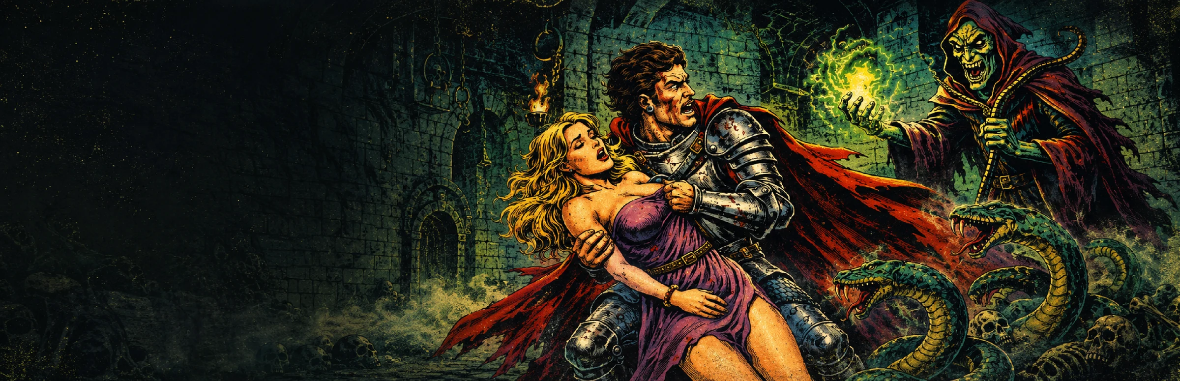 Pulp fantasy artwork of a knight carrying a rescued woman, confronted by a hooded sorcerer and serpents.